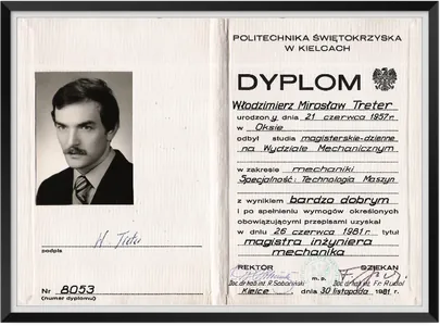 Diplom Magister-Ingenieur Maschinenbau, Fachrichtung Maschinenbautechnologie, Politechnika Świętokrzyska (TU Kielce), 1981
