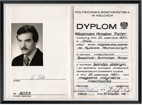 Dyplom magistra inżyniera mechanika, specjalność Technologia Maszyn, Politechnika Świętokrzyska, 1981