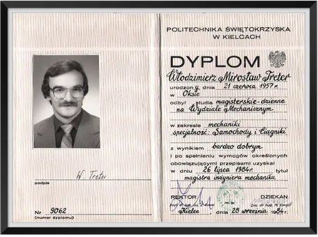 Dyplom magistra inżyniera mechanika, specjalność Samochody i Ciągniki, Politechnika Świętokrzyska, 1984