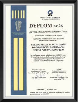 Dyplom studiów podyplomowych „Rekonstrukcja wypadków drogowych i likwidacja szkód powypadkowych”, Politechnika Radomska, 2006