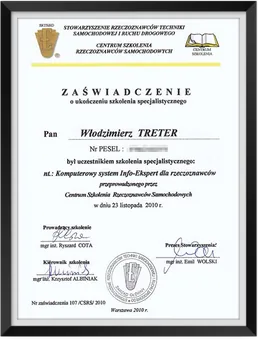 Zaświadczenie – komputerowy system Info-Ekspert dla rzeczoznawców, 2010