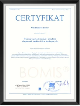 Certyfikat BOMIS – wycena wartości maszyn i urządzeń, 2013