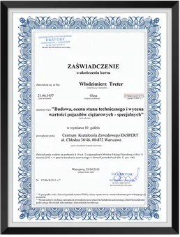 Zaświadczenie – budowa, ocena stanu technicznego i wycena pojazdów ciężarowych i specjalnych, 2013