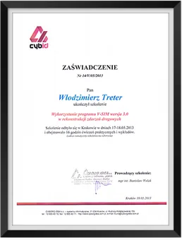 Zaświadczenie – program V-SIM w rekonstrukcji zdarzeń drogowych, 2013