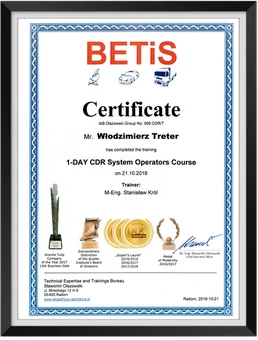 Certyfikat BETiS – kurs operatora systemu CDR, 2019